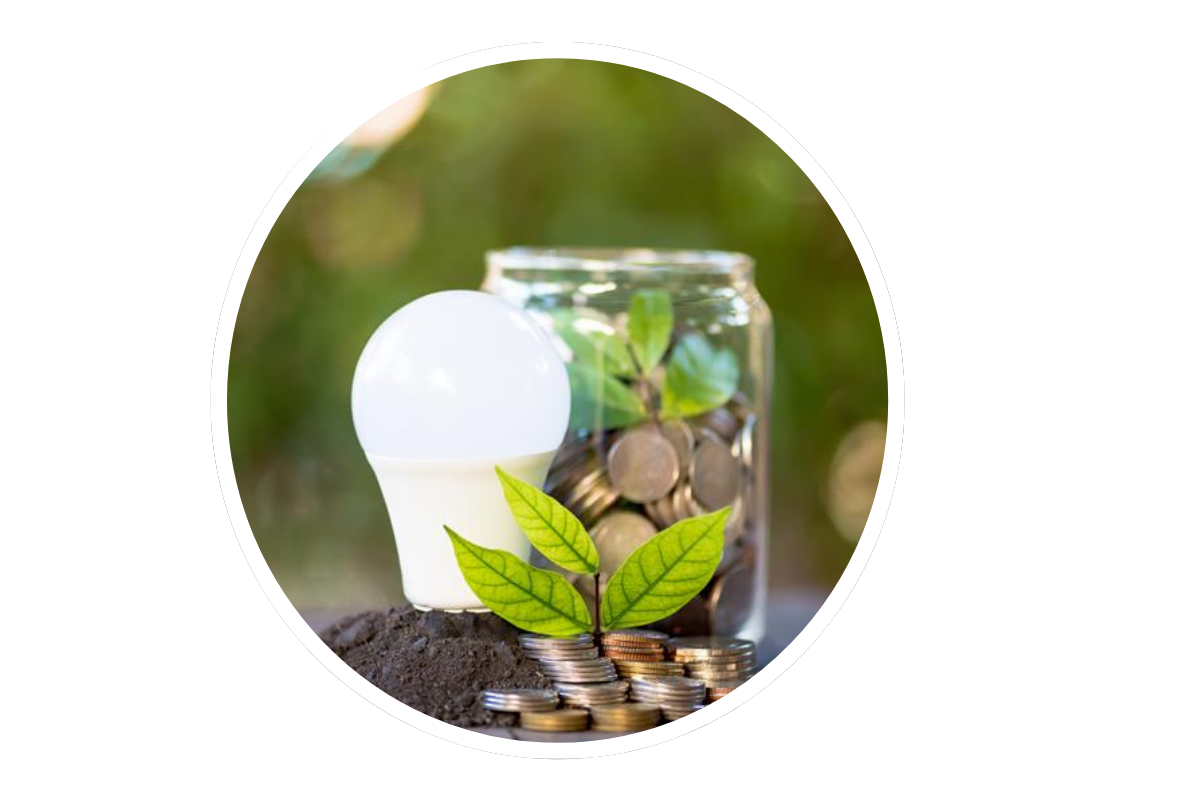 Circular image with an energy saving bulb, a jar of coins on top of a pile of soil, with a leaf in front.