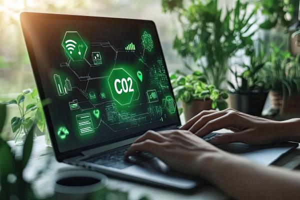 Hands typing on a laptop keyboard. Screen is displaying information about climate change and carbon footprint