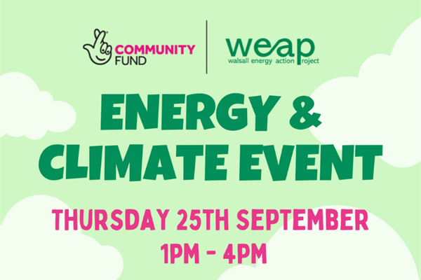 Green and pink text promoting WEAP energy and climate event at Caldmore Community Garden on 25 September 2025, 1 to 4pm